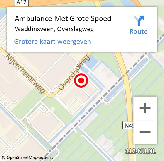 Locatie op kaart van de 112 melding: Ambulance Met Grote Spoed Naar Waddinxveen, Overslagweg op 5 juli 2024 22:40