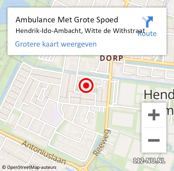 Locatie op kaart van de 112 melding: Ambulance Met Grote Spoed Naar Hendrik-Ido-Ambacht, Witte de Withstraat op 5 juli 2024 22:54