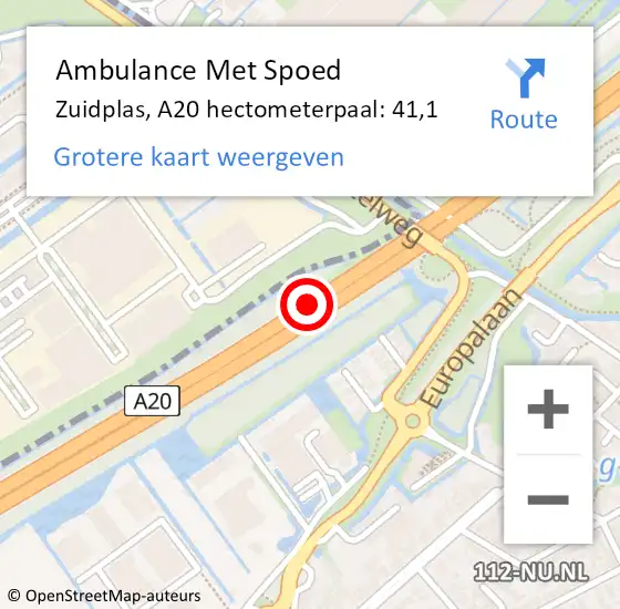 Locatie op kaart van de 112 melding: Ambulance Met Spoed Naar Zuidplas, A20 hectometerpaal: 41,1 op 6 juli 2024 02:27