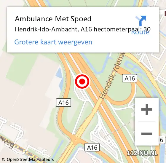 Locatie op kaart van de 112 melding: Ambulance Met Spoed Naar Hendrik-Ido-Ambacht, A16 hectometerpaal: 30 op 6 juli 2024 03:43