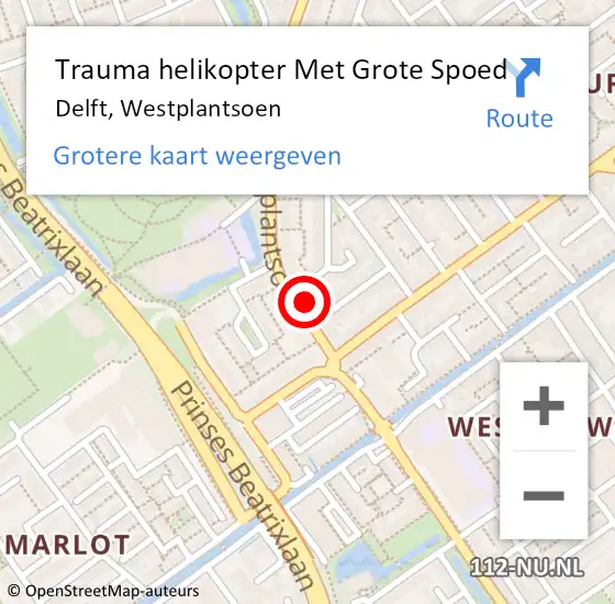 Locatie op kaart van de 112 melding: Trauma helikopter Met Grote Spoed Naar Delft, Westplantsoen op 6 juli 2024 08:22