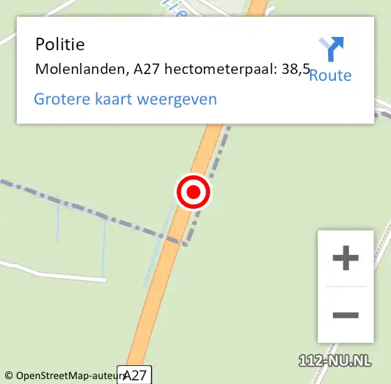 Locatie op kaart van de 112 melding: Politie Molenlanden, A27 hectometerpaal: 38,5 op 6 juli 2024 08:41