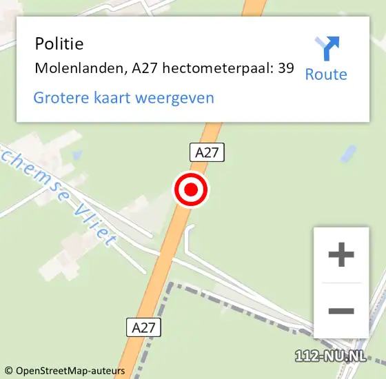 Locatie op kaart van de 112 melding: Politie Molenlanden, A27 hectometerpaal: 39 op 6 juli 2024 09:05