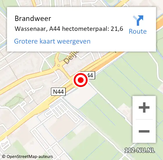 Locatie op kaart van de 112 melding: Brandweer Wassenaar, A44 hectometerpaal: 21,6 op 6 juli 2024 10:44