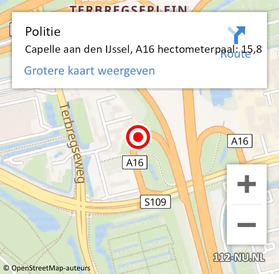 Locatie op kaart van de 112 melding: Politie Capelle aan den IJssel, A16 hectometerpaal: 15,8 op 6 juli 2024 12:57