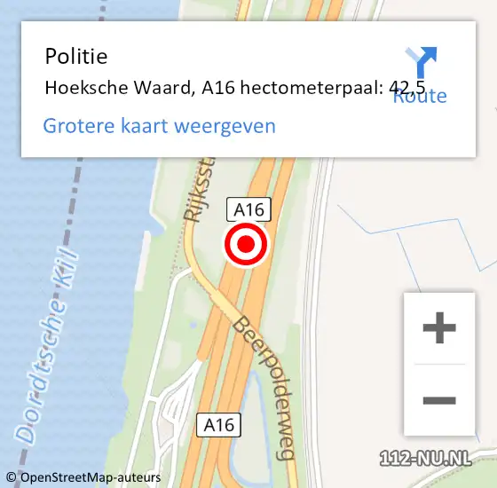 Locatie op kaart van de 112 melding: Politie Hoeksche Waard, A16 hectometerpaal: 42,5 op 6 juli 2024 13:06