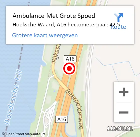 Locatie op kaart van de 112 melding: Ambulance Met Grote Spoed Naar Hoeksche Waard, A16 hectometerpaal: 42,5 op 6 juli 2024 13:06