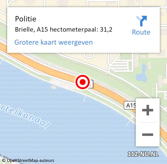 Locatie op kaart van de 112 melding: Politie Brielle, A15 hectometerpaal: 31,2 op 6 juli 2024 13:28