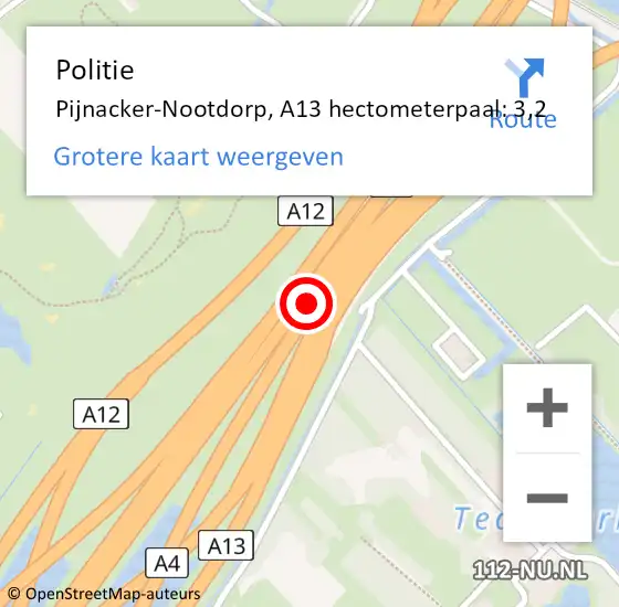 Locatie op kaart van de 112 melding: Politie Pijnacker-Nootdorp, A13 hectometerpaal: 3,2 op 6 juli 2024 13:54