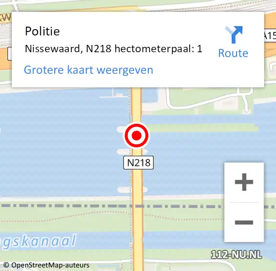 Locatie op kaart van de 112 melding: Politie Nissewaard, N218 hectometerpaal: 1 op 6 juli 2024 14:21