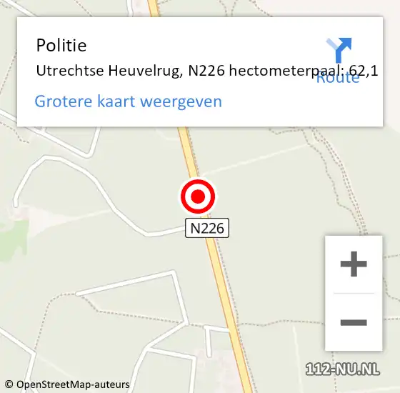 Locatie op kaart van de 112 melding: Politie Utrechtse Heuvelrug, N226 hectometerpaal: 62,1 op 6 juli 2024 15:10