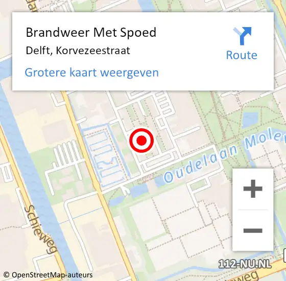 Locatie op kaart van de 112 melding: Brandweer Met Spoed Naar Delft, Korvezeestraat op 6 juli 2024 15:23