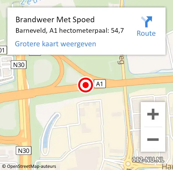 Locatie op kaart van de 112 melding: Brandweer Met Spoed Naar Barneveld, A1 hectometerpaal: 54,7 op 6 juli 2024 15:23