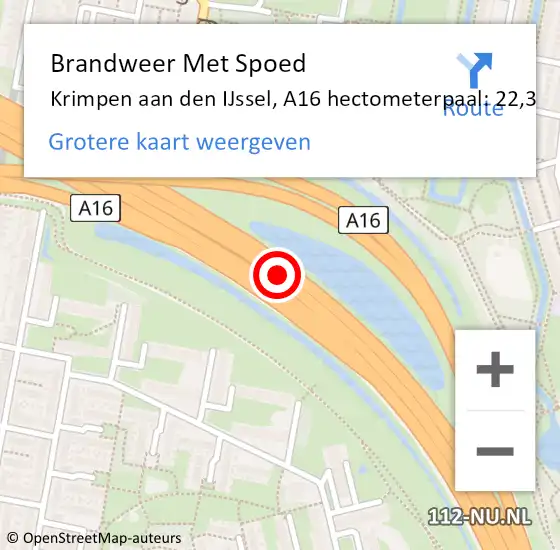 Locatie op kaart van de 112 melding: Brandweer Met Spoed Naar Krimpen aan den IJssel, A16 hectometerpaal: 22,3 op 6 juli 2024 15:34