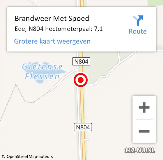 Locatie op kaart van de 112 melding: Brandweer Met Spoed Naar Ede, N804 hectometerpaal: 7,1 op 6 juli 2024 15:58