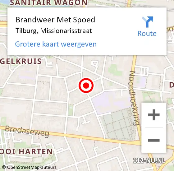 Locatie op kaart van de 112 melding: Brandweer Met Spoed Naar Tilburg, Missionarisstraat op 6 juli 2024 16:10