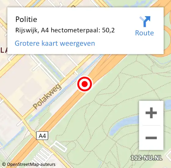 Locatie op kaart van de 112 melding: Politie Rijswijk, A4 hectometerpaal: 50,2 op 6 juli 2024 17:01