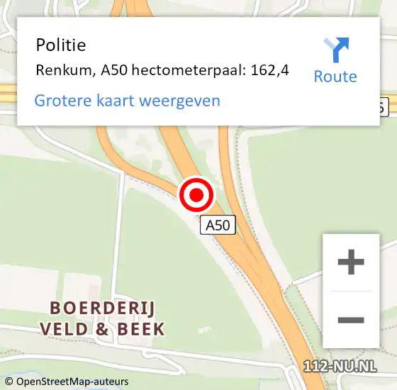 Locatie op kaart van de 112 melding: Politie Renkum, A50 hectometerpaal: 162,4 op 6 juli 2024 17:20