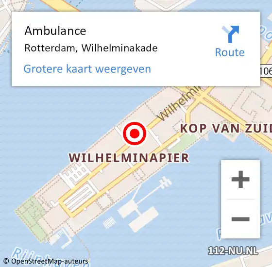 Locatie op kaart van de 112 melding: Ambulance Rotterdam, Wilhelminakade op 6 juli 2024 17:53