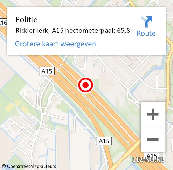 Locatie op kaart van de 112 melding: Politie Ridderkerk, A15 hectometerpaal: 65,8 op 6 juli 2024 17:55