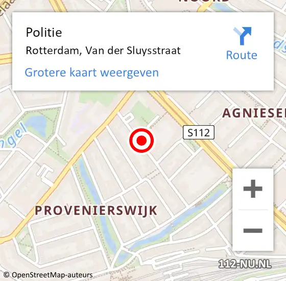 Locatie op kaart van de 112 melding: Politie Rotterdam, Van der Sluysstraat op 6 juli 2024 19:09