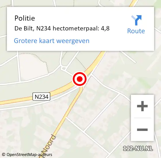 Locatie op kaart van de 112 melding: Politie De Bilt, N234 hectometerpaal: 4,8 op 6 juli 2024 19:58