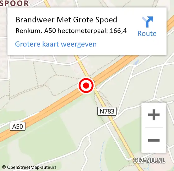 Locatie op kaart van de 112 melding: Brandweer Met Grote Spoed Naar Renkum, A50 hectometerpaal: 166,4 op 6 juli 2024 20:30