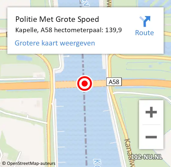 Locatie op kaart van de 112 melding: Politie Met Grote Spoed Naar Kapelle, A58 hectometerpaal: 139,9 op 6 juli 2024 21:00