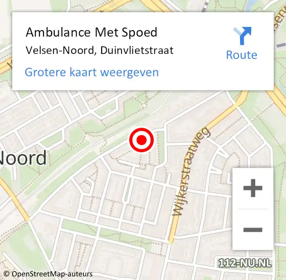 Locatie op kaart van de 112 melding: Ambulance Met Spoed Naar Velsen-Noord, Duinvlietstraat op 6 juli 2024 21:07