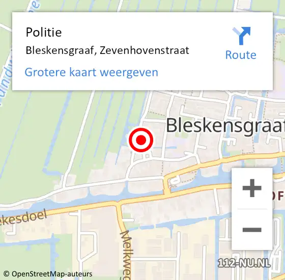 Locatie op kaart van de 112 melding: Politie Bleskensgraaf, Zevenhovenstraat op 6 juli 2024 21:58