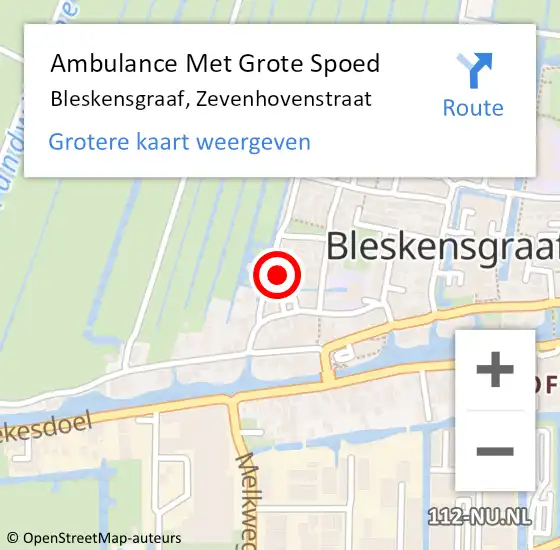 Locatie op kaart van de 112 melding: Ambulance Met Grote Spoed Naar Bleskensgraaf, Zevenhovenstraat op 6 juli 2024 21:58