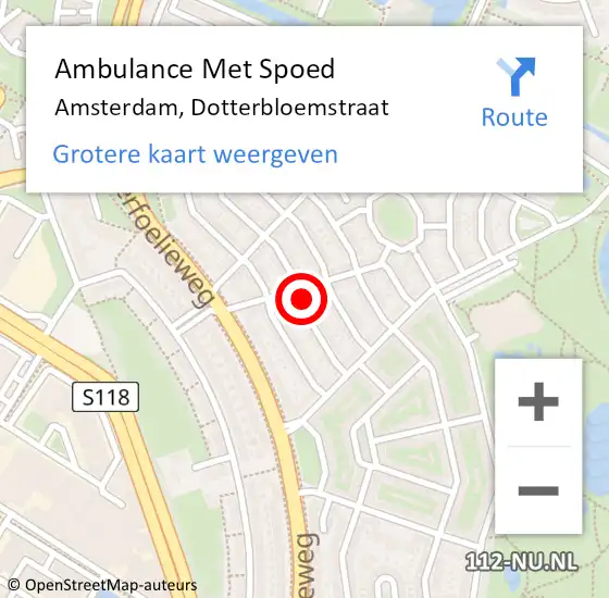 Locatie op kaart van de 112 melding: Ambulance Met Spoed Naar Amsterdam, Dotterbloemstraat op 6 juli 2024 22:10