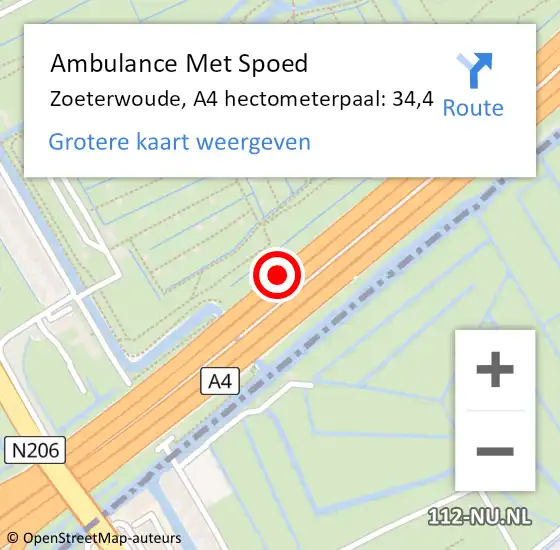 Locatie op kaart van de 112 melding: Ambulance Met Spoed Naar Zoeterwoude, A4 hectometerpaal: 34,4 op 6 juli 2024 22:36