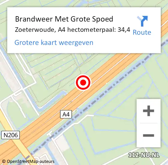 Locatie op kaart van de 112 melding: Brandweer Met Grote Spoed Naar Zoeterwoude, A4 hectometerpaal: 34,4 op 6 juli 2024 22:38