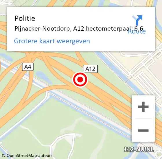 Locatie op kaart van de 112 melding: Politie Pijnacker-Nootdorp, A12 hectometerpaal: 6,6 op 6 juli 2024 23:15