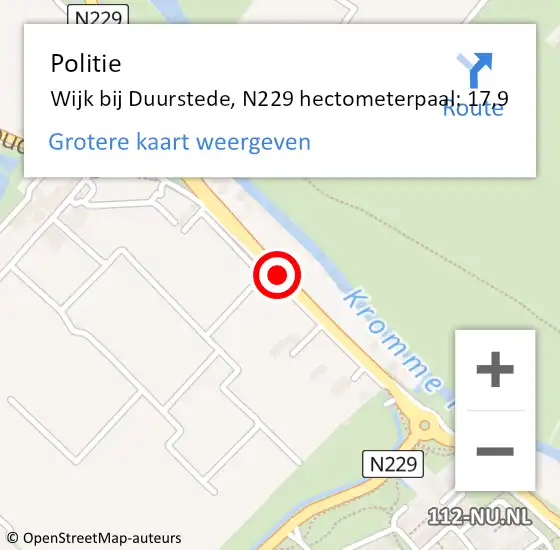 Locatie op kaart van de 112 melding: Politie Wijk bij Duurstede, N229 hectometerpaal: 17,9 op 7 juli 2024 00:57