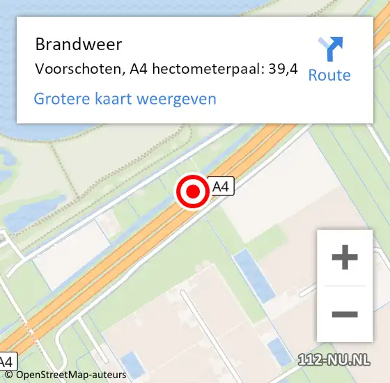 Locatie op kaart van de 112 melding: Brandweer Voorschoten, A4 hectometerpaal: 39,4 op 7 juli 2024 04:20