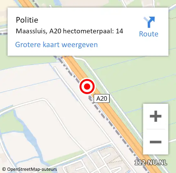 Locatie op kaart van de 112 melding: Politie Maassluis, A20 hectometerpaal: 14 op 7 juli 2024 05:06