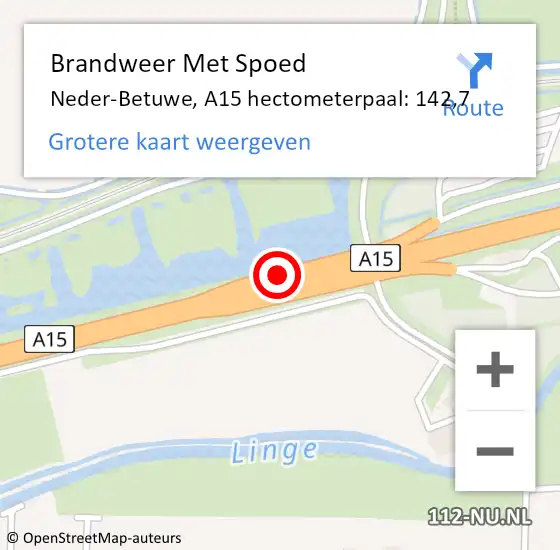 Locatie op kaart van de 112 melding: Brandweer Met Spoed Naar Neder-Betuwe, A15 hectometerpaal: 142,7 op 7 juli 2024 06:03