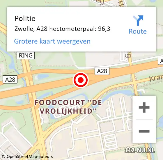 Locatie op kaart van de 112 melding: Politie Zwolle, A28 hectometerpaal: 96,3 op 7 juli 2024 07:19