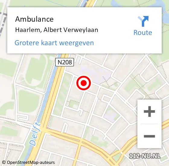 Locatie op kaart van de 112 melding: Ambulance Haarlem, Albert Verweylaan op 7 juli 2024 10:20