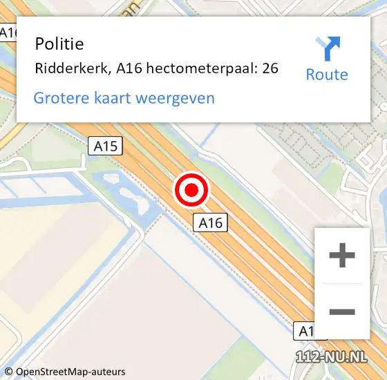 Locatie op kaart van de 112 melding: Politie Ridderkerk, A16 hectometerpaal: 26 op 7 juli 2024 11:24