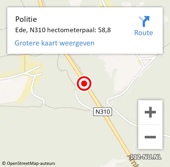 Locatie op kaart van de 112 melding: Politie Ede, N310 hectometerpaal: 58,8 op 7 juli 2024 12:06