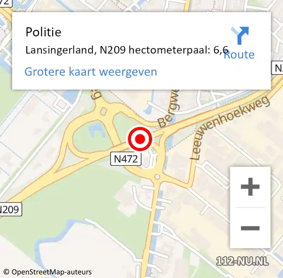 Locatie op kaart van de 112 melding: Politie Lansingerland, N209 hectometerpaal: 6,6 op 7 juli 2024 12:35