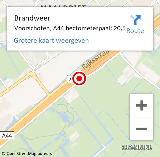 Locatie op kaart van de 112 melding: Brandweer Voorschoten, A44 hectometerpaal: 20,5 op 7 juli 2024 13:17