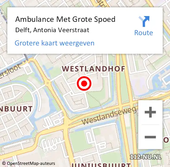 Locatie op kaart van de 112 melding: Ambulance Met Grote Spoed Naar Delft, Antonia Veerstraat op 7 juli 2024 13:49