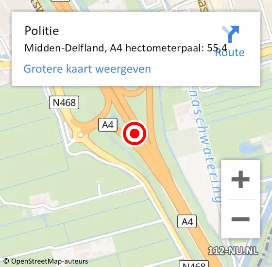 Locatie op kaart van de 112 melding: Politie Midden-Delfland, A4 hectometerpaal: 55,4 op 7 juli 2024 14:06