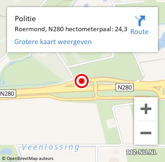 Locatie op kaart van de 112 melding: Politie Roermond, N280 hectometerpaal: 24,3 op 7 juli 2024 14:19