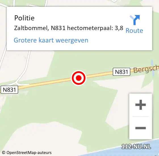 Locatie op kaart van de 112 melding: Politie Zaltbommel, N831 hectometerpaal: 3,8 op 7 juli 2024 15:00