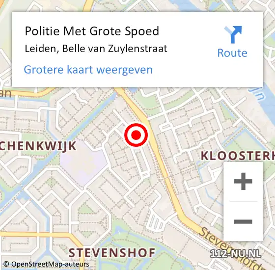 Locatie op kaart van de 112 melding: Politie Met Grote Spoed Naar Leiden, Belle van Zuylenstraat op 7 juli 2024 15:23